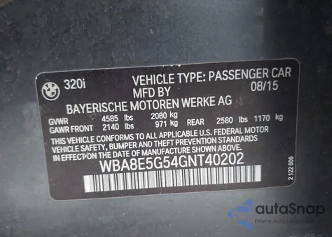 2016 BMW 320I xDrive из США, поврежденный, VIN WBA8E5G54GNT40202